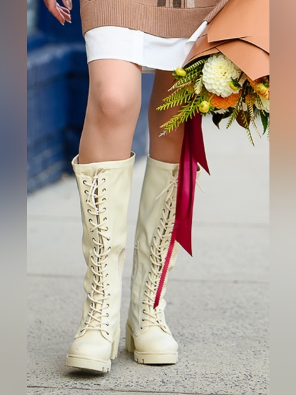 Cream Lace-Up Knee Boots with Plaid Sweater Dress - Picture 2 of 7